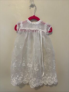 C.I. Castro White Sheer Embroidered Baby Dress with Pink Hanger